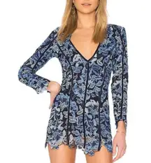 NBD X Corinne Womens Blue Lace Mini Dress Long Sleeve Floral Fitted V Neck