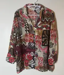 Tianello Aida Blouse Garment Dyed Patchwork Print Rayon Top Size Medium