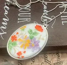 Vintage Floral Cameo Necklace 18” Stainless Steel Chain 40x30mm Pendant