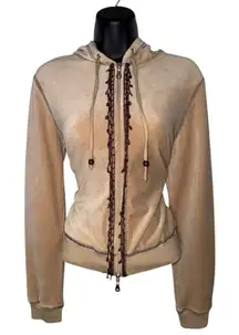 Fairy Boho Earthy Beaded NWT Velour Beige Tan Zip Up Hoodie Sweater Jacket