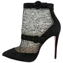 Christian Louboutin Black Suede Lace Buckle Detail Pointed Toe Ankle Boots