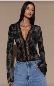 SHEIN BAE Women's Black Long Sleeve Deep V-Neck Flocked/ Lace Top/ Brand New