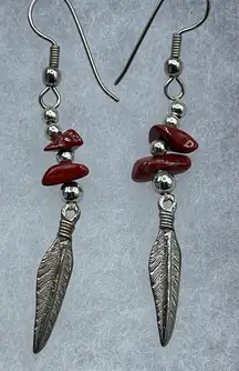 Red Jasper & sterling earrings with feathers