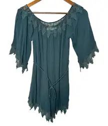 ASTR The Label Boho Teal Blue Lace Belted‎ Fringe Romper Small