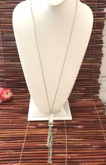 White House Black Market SIlver & Gold Tone Crytal Tassel Necklace
