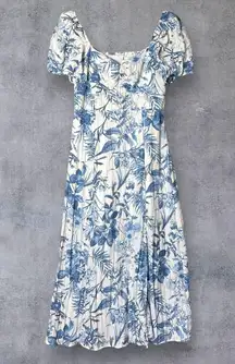 By The River Dress Women M Blue Floral Midi Short Sleeve Cottagecore Boho Casual