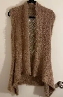 Womens Fuzzy Crochet Back Vest Brown Open Front Sleeveless Cardigan Layer