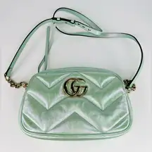 GUCCI GG Marmont Chain Blue Iridescent Nappa Chevron Matelasse Shoulder Bag