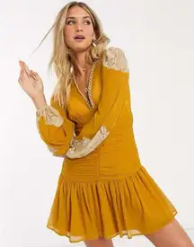 ASOS LACE INSERT SHIRRED WAIST SKATER MINI‎ DRESS IN MUSTARD-YELLOW LACE SIZE 12