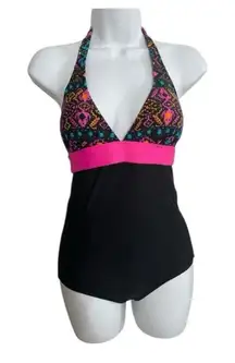 Sunshine Zone Halter Deep V-Neck One Piece Swimsuit Size M Black Pink Printed