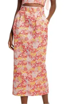 Lulus Ellarina Floral Metallic Pink Multicolor‎ Midi Pencil Skirt Size XS