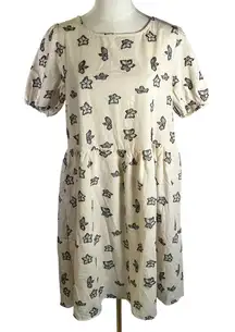 Cloud Ten Women's Large Linen Blend Dress Cream Black Floral Print Pockets‎ New