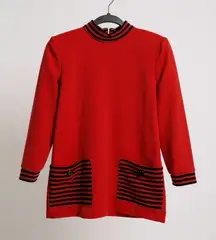 Vintage Red Mini Dress / Tunic With Black Striped‎ Collar & Pockets Long Sleeves