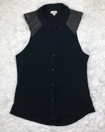 Silence + Noise Black Sleeveless Polo Gold Shoulders Medium