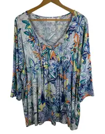 Belle Kim Gravel Floral Tunic Top Sz‎ XL Tassel V-Neck Tropical Colorful Stretch