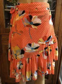 Cabi Orange Floral Polka Dot Wrap Skirt Ruffle Hem Self Tie Waist   Size Small