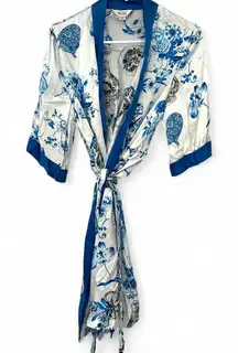 ASilk Japan 100% Pure Silk Japanese Short Robe Sleepwear Flowers Vases Luxury
