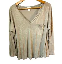 Caslon Gold Shimmer V-neck Long Sleeve Tee with pocket. Linen blend. oversized M