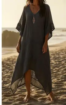 Jen’s Pirate Booty Charcoal Gray Caftan Tunic Dress Bohemian Flowy Resort Small