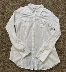 Roper Women M Western Cowgirl Shirt Pearl Snap Embroidered White Silver Metallic