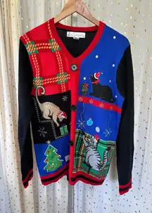 Vintage Jolly Sweaters Crazy Cat Lady Embroidered Pull Over Christmas Sweater M