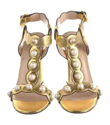 Gucci Willow Pearl Trim Gold Sandal Heels