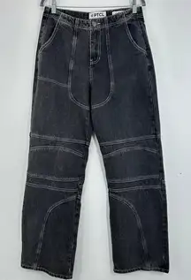 PTCL Ethikal Brand Black Wash Moto Denim Jeans Contrast Stitch Wide Leg Size‎ 28