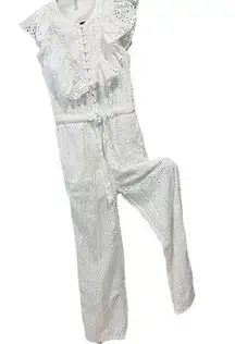 Urban Outfitters White Magnolia Eyelet Button Up Sleeveless Ruffle Jumpsuit