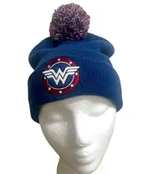 Wonder Woman Beanie Hat Super Comic WW embroidered star logo Blue Red Pom OSFM