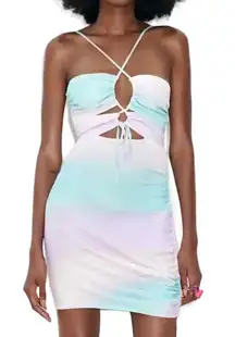 New  Pastel Tie Dye Satin Ruched Cut Out Mini Dress Size XS