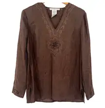 Josephine Chaus | M | 100% Linen Embroidered Beading V-Neck Cover-Up Tunic Top
