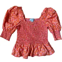 Cece Vibrant Orange Pink Floral Blouse Smocked Peplum Puff Sleeve Small