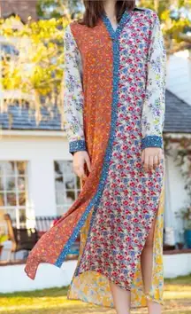 Natural Life Multicolor Patchwork Esme Floral Maxi Shirt Dress Kimono XL NWT