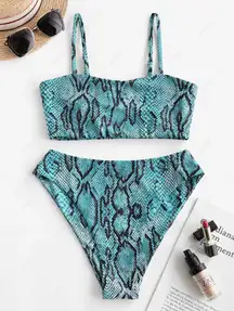 Turquoise Snake Print High Waisted Bikini Set