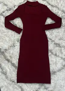 Burgundy midi dress long sleeve with cutout neck