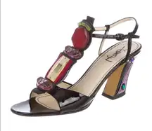 Yves  Patent Leather Crystal Embellishments T-Strap Sandals