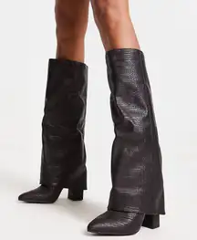 asos Zendaya matte croc foldover knee boots in black