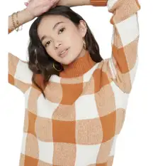 New  Gingham Plaid Pullover Mock Neck Sweater Orange Ivory Size Medium