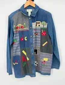 VTG Quacker Factory Medium Denim Jean Shirt School Teacher Patchwork Corduroy