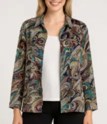 Chico's Jacket Size Extra Large Paisley Green Brown Artsy Boho Maximalist Fun
