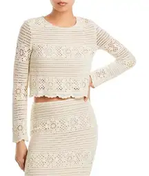 AQUA Beige Crochet Lace Crop Top Long Sleeve Crew Neck‎ Women's XS