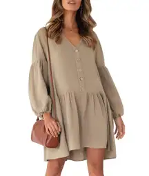 V Neck Long Sleeve Babydoll Button Front Swing Tunic Dress with Pockets Khaki S