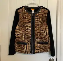 EUC | Ruby Rd women’s animal print quilted‎ black zip jacket — size 14