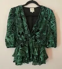 MISA Los Angeles Green Black Velvet V-neck Ruffle Blouse Women's size XS