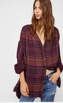 Free People  • Come On Over Burgundy Plaid Oversized
Button Up Flannel Blouse