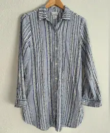 Tommy Bahama Blue Stripe Tunic Button Up Shirt Coastal Beachy Nautical Cotton