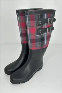 UGG Plaid Rain Boots Women's US 7 Black Red Tall Buckle Waterproof Winter
