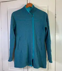 Title Nine Wool Blend Zip Jacket‎ Small Teal Blue Knit Longline Canada Pockets