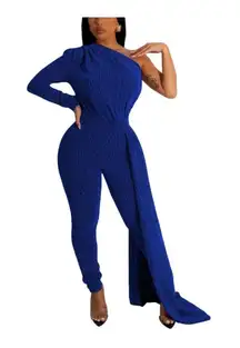 Dinyln - Blue Jumpsuit formal Sequin One Sleeve Party Clubwear - Size Small