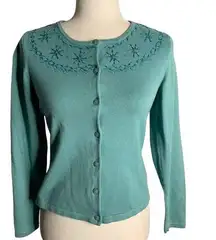 Norton McNaughton Beaded Cardigan Sweater S Blue Green Button Up Long Sleeve